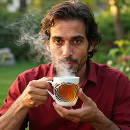 mr robert is drinking fresh tea, smoke pot and meditate in a garden from spiral mug, detailed smiled face, muscular hands, golden hour closeup photo, red elegant shirt, eyes wide open, ymmm and that smell