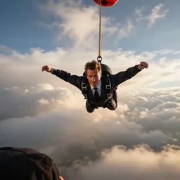 drama photo of a man in a buisness suit skydiving, from the view of someone on the ground, beautiful dramatic clouds illuminated by the sun in the style of craig mullins
