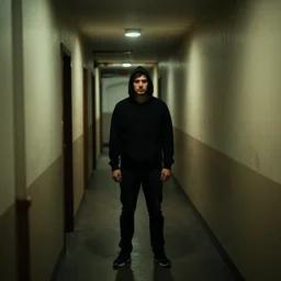 endless hallway in area 5 1 found footage dark noisy lights a man wearing a black hoodie looking at us