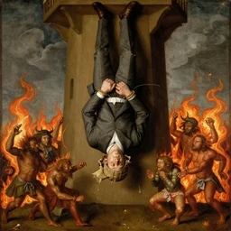 Painting of man with his hands bound, his head covered in a rough sack made of jute, wearing a 3-piece suit, hanging upside down from a tower, while fiery imps dance and cavort below him, by Hieronymus Bosch.