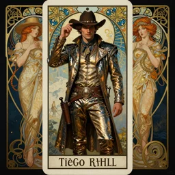 a dramatic ethereal epic symmetrical painting of a handsome cowboy in a metallic outfit | tarot card, art deco, art nouveau,  (steampunk), homoerotic, realistic | by Dresden Codak, by Mark Maggiori and ((((Alphonse Mucha))) | trending on artstation
