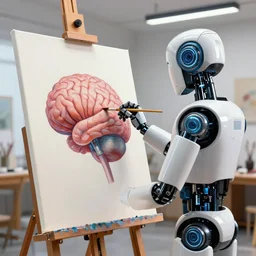 photorealistic illustration of a robot making a beautiful painting of a human brain on a canvas in a modern artist studio, robot holding a paint brush, artstation, deviantart, cgsociety