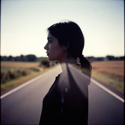 A double exposure photography of the profile of a woman and a country road. Fuji Neopan Acros 100 film. Cinematic. High contrast. profile silhouette. centered.