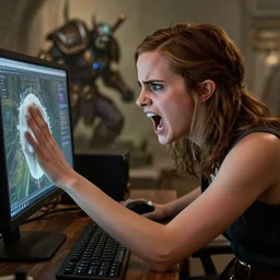 Emma Watson furious and screaming at her computer screen after wiping on a raid boss in World of Warcraft