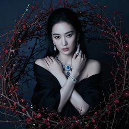 photography of the asian queen sitting in the flower thorn, beautiful face, masterpiece costume, jewellery, high quality, elegant, emotionally touching, cool, deep gaze, mystery, tenderness, annie leibowitz style