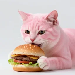 a pink cat eating a hamburger