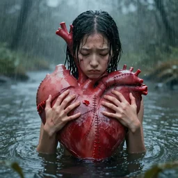 masterpiece, darling, seams stitched tightly, scars will remain, scrape them, wash off in the rain, river, complaints, heart, by jeffrey smith, rhads, surreal, digital art, highly detailed, artstation
