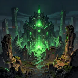ancient city, ruins, alien nest in the middle, glowing green lights, cyberpunk, sci - fi, colorfully, dark mood, detailed illustration, dark climate, digital art, highly saturated colors, overdetailed art, concept art, detailed illustration, hd, 4 k, digital art, greg rutkowski, dan mumford, wlop, trending on artstation