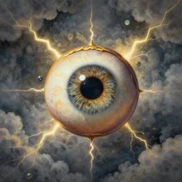 a single detached mystical hazel eyeball, floating, symmetrical frame, lightning, moody clouds, maximalist, gold, art by ilya kuvshinov, rossdraws, * christy lee rogers * ( with help of mario testino and peter lindbergh ), sharp focus, mirrors, art by wlop and artgerm, trending on artstation, extreme detail, detailed drawing
