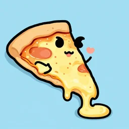 cartoony drawing of a slice of pizza with cheese dripping off of it