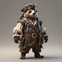 incredibly realistic, too detailed fullbody of victorian pirate badger human, octane render, bump mapping, global illumination, 8 k, bokeh, xenoblade, d & d, elder scrolls, one piece