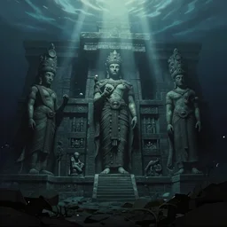 low ultrawide shot, dark, underwater statues, submerged pre - incan temple with carvings, abyss, stylized, anime style mixed with fujifilm, detailed gouache paintings, crepuscular rays, dark, murky, foggy, atmospheric, nicola samori, takayuki takeya, albert bierstadt, frederic edwin church, beksinski, wayne barlowe