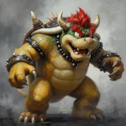concept art of bowser gigantic and demonic with huge horns and scales and talons, resident evil, horror, a painting by beksinski, by ruan jia, by austin osman spare, symbolist painting, mist, volumetric render, digital painting, detailed painting, occult