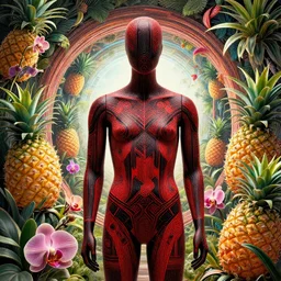 “ a beautiful mannequin covered in black and red geometrical 3 d print, a portal to a new world, flowering pineapples and orchids, transcendent, vibrant color, clean linework, finely detailed, 4 k, trending on artstation, photorealistic, volumetric lighting, octane render, in the style of michael cheval ”