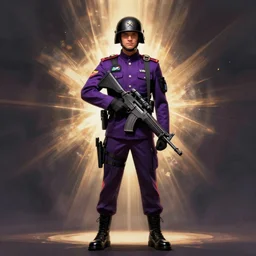vanu soldier, tall, helmet, purple and black clothes, heavy gun, full body, full portrait