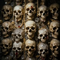 A wall made of bleeding crystal skulls and golden jewelry, dramatic lighting, cinematic, establishing shot, high detail, cinematic lighting, post processed, 8k, concept art, artstation, matte painting, in the style of eddie mendoza, raphael lacoste, alex ross