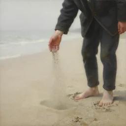 a full shot of a little man, standing on a beach, his hand slowly dissolving in sand and disappearing, fog, early morning lighting, subtle, intricate details, real masterpiece, oil on canvas, by franz kafka
