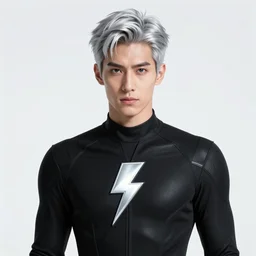action photo superhero black uniform with a lightning emblem on his chest, silver hair lightning, silver armbands and shin guards, flying, lightning, epic, highly detailed, well composed, in the style of clyde caldwell