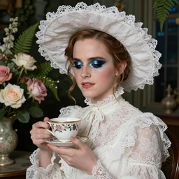 emma watson smokey eyes makeup eye shadow textured film grain oil on canvas fantasy, glow, shimmer as victorian woman in a long white frilly lace dress and a large white hat having tea in a sunroom filled with flowers, roses and lush fern flowers ,intricate, night, highly detailed, dramatic lighting , high quality