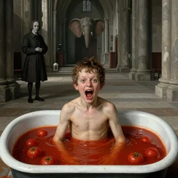 a boy like eraserhead and elephant man sitting in a tub full of tomato sauce, inside an empty cathedral, looking straight into camera, screaming, by giuseppe arcimboldo and ambrosius benson, renaissance, a touch of beksinski and hr giger, realistic