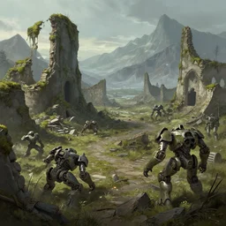 the concept illustration of wasteland, ruins after the battle, desolate world, moss creeping up the ruins, mountains in background, the broken remains of mechs, greg rutkowski, james gurney, johannes voss, john harris, alena aenami artworks in 4 k
