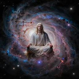 god sitting in the center of the multi dimensional latent space conceptualizing our collectively designed divine imaginations, 4 k surrealism, jwst, hubble ultra - deep field