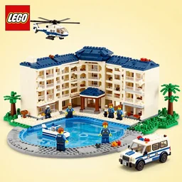 mar - a - lago resort made completely of legos during an fbi raid with a lego police helicopter, lego police people, and lego swat van, lego set, lego ideas