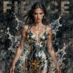 fierce wet fashion model, splash, shiny melted liquid metal, effervescent, poster art, high detail, intricate oil painting and watercolor, deep mood, hyperrealism, 3 d, in the style of irakli nadar,