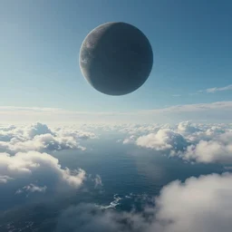 beautiful matte painting of a dreamy ocean with clouds, sci - fi, daylight, blue sky, cinematic lighting, cinematic perspective big black planet above, syd mead, john harris, federico pelat, detailed, 4 k, hd