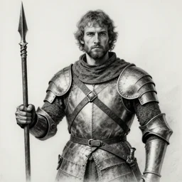a graphite drawing of a medieval man wearing a gambeson made of many stitched layered of fabric, across their chest is a leather strap, they have metal armor on one arm, the man is holding a long spear