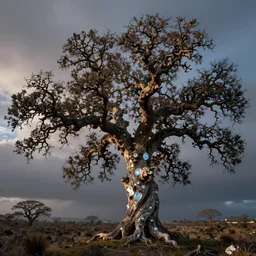 crystal oak tree, phosphorescent skin, nacreous flare
