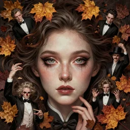 in the style of joshua middleton, artgerm, tom bagshaw, gorgeous stella maeve magician, realistic character concept, bird's eye overhead shot, elegant pose, spooky, illustration, symmetrical face and body, volumetric lighting, detailed realistic symmetrical eyes, 8 k, single face, insanely detailed and intricate elegant, autumn leaves