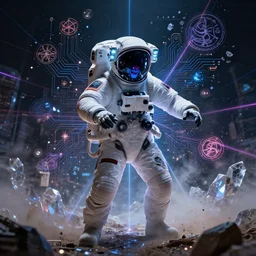 vampire astronaut performing ritual magic, technology and magick, circuitry and sigils combined, photorealistic, royo, frazetta, leds, dust, laser light, crystalline shimmers, chaos, complexity, emergence,
