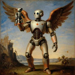a renaissance style painting of a robot!!!!! holding small robot!!!! with wings, centered, cinematic, beautiful lighting