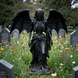 mystical black death god statue in graveyard surrounded tall meadow of flowers, dslr photo, grainy, high detail, high resolution
