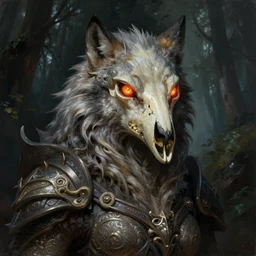 painted portrait of fantasy wyrm beast, burning eyes, wolf scull as helmet, standing in the dark forest, upper body, fantasy intricate elegant extremely detailed digital painting trending artstation concept art sharp focus illustration art by gustave courbet greg rutkowski craig mullins carravaggio