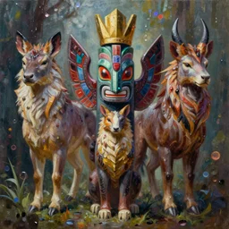 a totem of animal spirits and mythical beasts,  wet oil painting and photrealistic , super detailed, colorized, 8k, trending on Artstation, D&D, fantasy, raytracing, depth of field, bokeh, iridescent accents, vibrant, award winning, by Anato Finnstark and Marc Simonetti, spectacular lighting, octane rendered