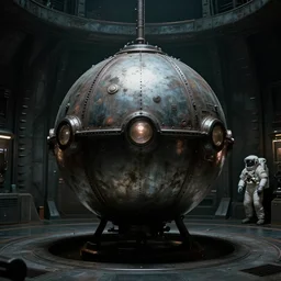 movie film still of a strange grimy industrial metal sphere with lights in a round room with spiked walls, dark, science fiction, spaceship, astronaut, highly detailed, 4 k, numetal, by david fincher