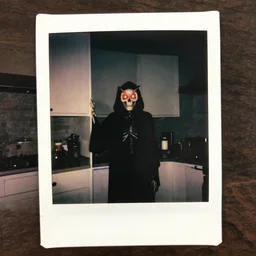 An eerie wide angle polaroid photograph in the kitchen at night and leaning around the corner is a robed shadowy skeleton with a glowing red owl skull, dimly lit creepy