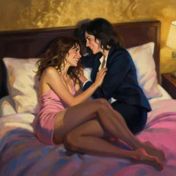 dreamy, atmospheric painting showing olivia munn and woman journalist alex wagner happily entwined in a hotel bed, dramatic gold, pink and blue lighting, sultry, sensual, vargas, elvgren, loish, rhads, beeple, gta v, makoto shinkai, lois van baarle, blade runner!, ilya ku