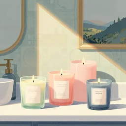 illustration with a set of beautiful scented candles with bathroom interior on the background, an art deco painting by tom whalen, trending on behance, art deco, digital illustration, storybook illustration, grainy texture, flat shading, vector art, airbrush, pastel, watercolor, poster