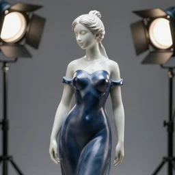 statue of a perfect woman, porcelain, silver, blue soft details, soft!!, dark blue dress ( desgined by apple ), studio photo, octane render, studio lights, 5 0 mm lens