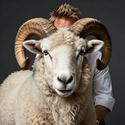 portrait of chef! gordon ramsay! as a ram sheep with horns and wool, sheep ears