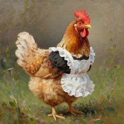 oil painting of a chicken wearing a maid dress