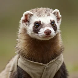 a beautiful closeup shot from a fantasy film of a humanoid ferret with patterned fur wearing a loose tunic. an anthropomorphic ferret with golden eyes. joseph ducreux, greg rutkowski.