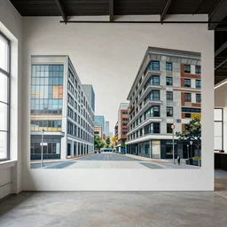 A trendy loft with a mural painted on the wall, the mural is an abstract painting, stunning architecture, very detailed and realistic,