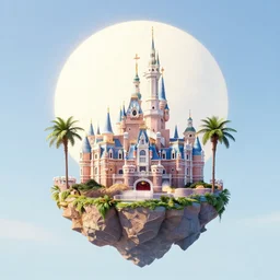 the disney castle surrounded by giant palm trees on a giant floating island in the sky, a huge light bulb illuminates the island from above, night, cinematic, digital art by erik johansson, 8 k resolution, hyper detailed, sharp focus
