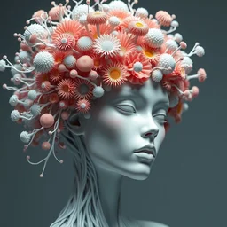 intricate hyper detailed ultra sharp 3 d render biomechanical beautiful porcelain woman, close - up, sharp focus, studio light, iris van herpen haute couture coral flower cyberpunk headdress made of rhizomorphs, brackets, colorful corals, fractal mushrooms, puffballs, octane render, 8 k, ultra hd,