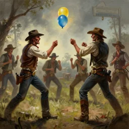 a digital painting of a water balloon fight showdown, western era, hyper realistic, horror, back lighting, louisiana, in the style of greg rutkowski