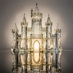 castle of glass, lit from behind, reflection